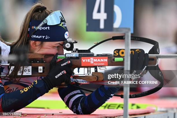 France's Justine Braisaz Bouchet competes to win the Women's 7,5km sprint race as part of the IBU Biathlon World Cup event in Lenzerheide, on...