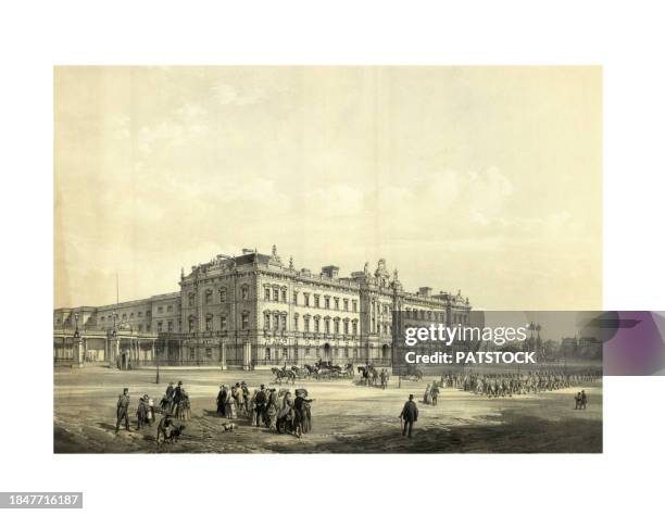 buckingham palace two-color lithograph - buckingham palace illustration stock pictures, royalty-free photos & images