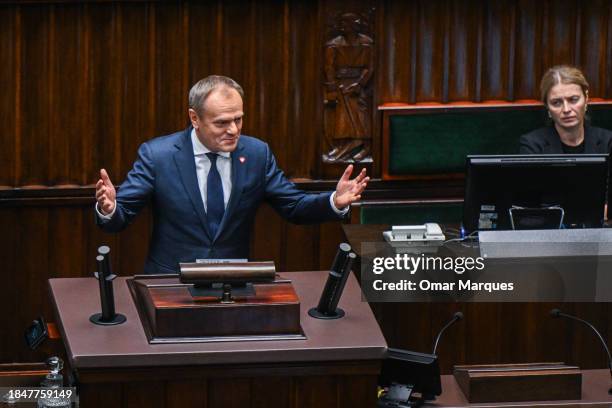 The leader of Civic Coalition , Donald Tusk tanks to voters and members of the parliament after receiving a majority of votes to be the next Prime...