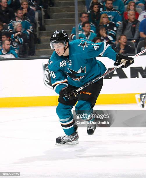 Tomas Hertl of the San Jose Sharks skates after the puck against the New York Rangers during an NHL game on October 8, 2013 at SAP Center in San...