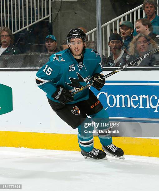 James Sheppard of the San Jose Sharks skates after the puck against the New York Rangers during an NHL game on October 8, 2013 at SAP Center in San...
