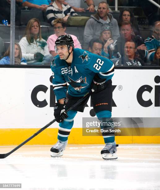 Dan Boyle of the San Jose Sharks gets ready for the face-off against the New York Rangers during an NHL game on October 8, 2013 at SAP Center in San...