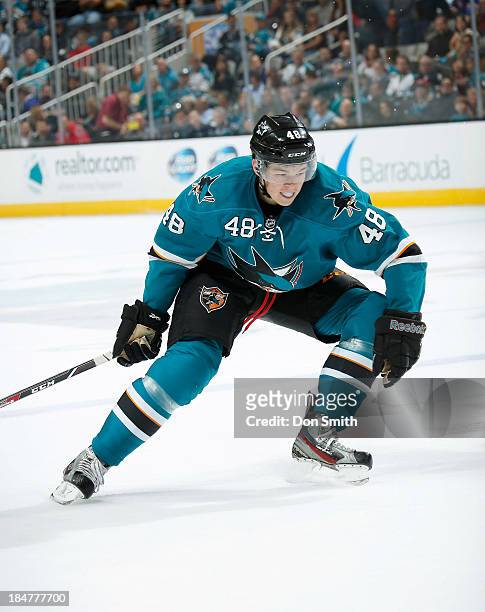 Tomas Hertl of the San Jose Sharks skates after the puck against the New York Rangers during an NHL game on October 8, 2013 at SAP Center in San...