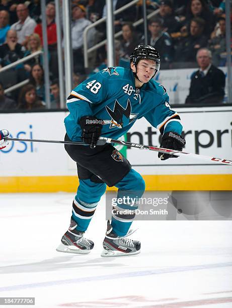 Tomas Hertl of the San Jose Sharks skates after the puck against the New York Rangers during an NHL game on October 8, 2013 at SAP Center in San...