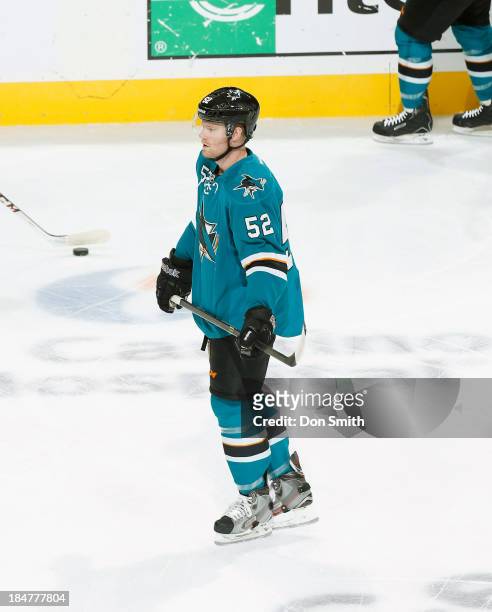 Matt Irwin of the San Jose Sharks warms up before the game against the New York Rangers during an NHL game on October 8, 2013 at SAP Center in San...
