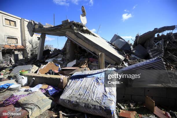 Picture taken on December 14, 2023 shows a destroyed house following Israeli bombardment during the past week, on the southern Lebanese village of...