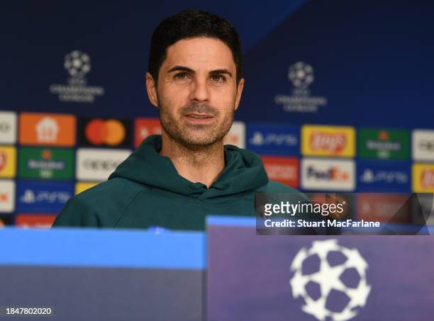 Arsenal manager Mikel Arteta attends a press conference at Philips Stadion on December 11, 2023 in Eindhoven, Netherlands.