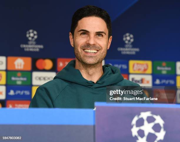 Arsenal manager Mikel Arteta attends a press conference at Philips Stadion on December 11, 2023 in Eindhoven, Netherlands.