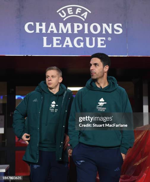 Arsenal manager Mikel Arteta and defender Oleksandr Zinchenko at Philips Stadion on December 11, 2023 in Eindhoven, Netherlands.