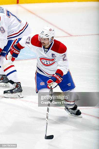 Brian Gionta of the Montreal Canadiens skates against the Calgary Flames at Scotiabank Saddledome on October 9, 2013 in Calgary, Alberta, Canada. The...