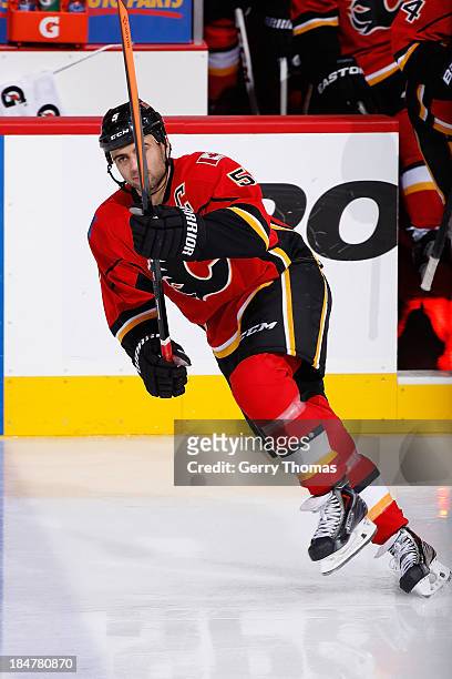Mark Giordano of the Calgary Flames skates against the Montreal Canadiens at Scotiabank Saddledome on October 9, 2013 in Calgary, Alberta, Canada....
