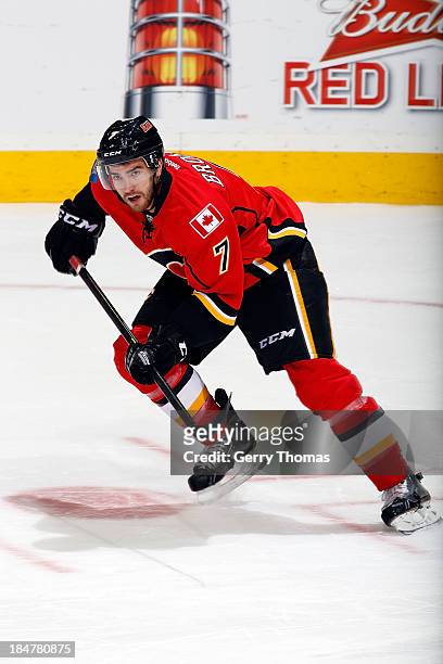 Brodie of the Calgary Flames skates against the Montreal Canadiens at Scotiabank Saddledome on October 9, 2013 in Calgary, Alberta, Canada. The...