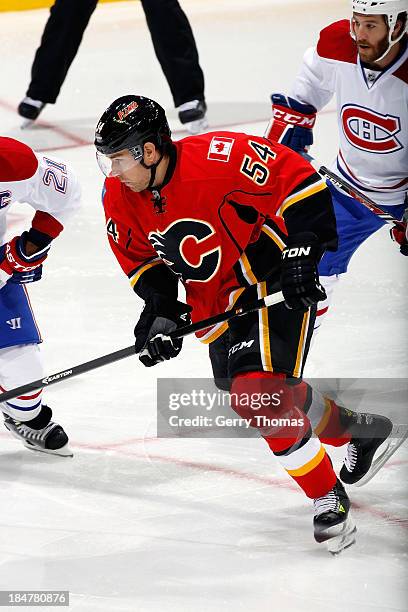 David Jones of the Calgary Flames skates against the Montreal Canadiens at Scotiabank Saddledome on October 9, 2013 in Calgary, Alberta, Canada. The...