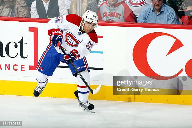 Francis Bouillion of the Montreal Canadiens skates against the Calgary Flames at Scotiabank Saddledome on October 9, 2013 in Calgary, Alberta,...