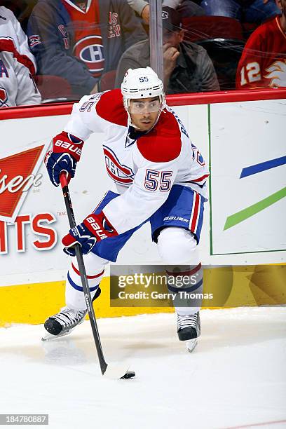 Francis Bouillion of the Montreal Canadiens skates against the Calgary Flames at Scotiabank Saddledome on October 9, 2013 in Calgary, Alberta,...