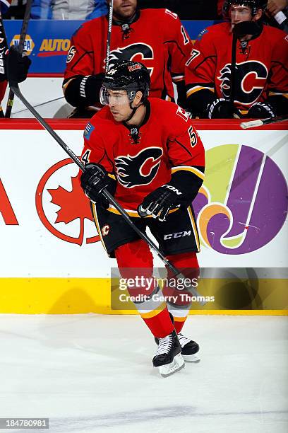 David Jones of the Calgary Flames skates against the Montreal Canadiens at Scotiabank Saddledome on October 9, 2013 in Calgary, Alberta, Canada. The...