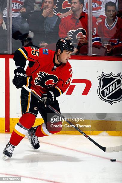 Shane O'Brien of the Calgary Flames skates against the Montreal Canadiens at Scotiabank Saddledome on October 9, 2013 in Calgary, Alberta, Canada....