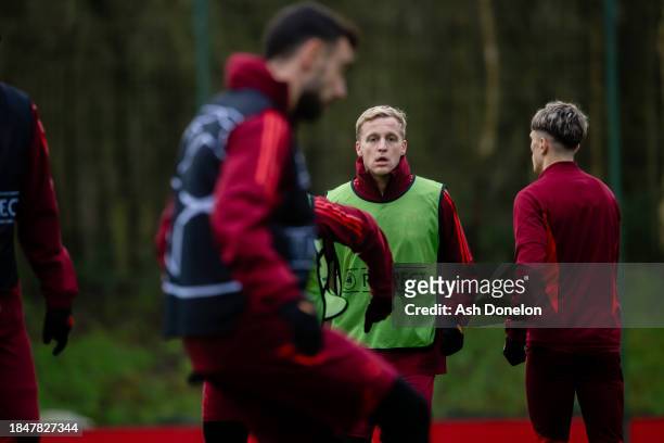Donny van de Beek of Manchester United in action during a first team training session at Carrington Training Ground on December 11, 2023 in...