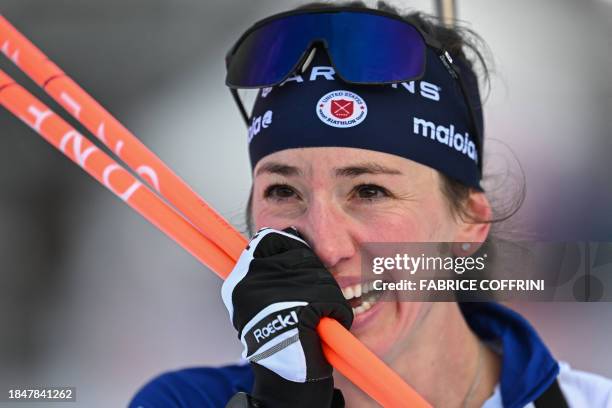 Deedra Irwin reacts after placed 8th in the Women's 7,5km sprint race as part of the IBU Biathlon World Cup event in Lenzerheide, on December 14,...