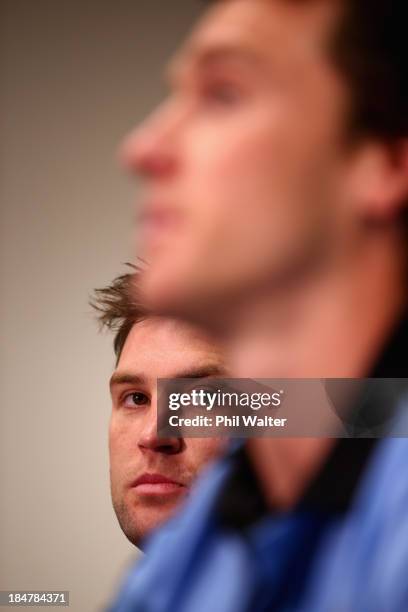 Cory Jane of the All Blacks looks on as Ben Smith speaks during the New Zealand All Blacks media session at the Southern Cross Hotel on October 17,...