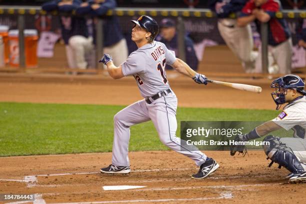 Andy Dirks of the Detroit Tigers bats against the Minnesota Twins on September 25, 2013 at Target Field in Minneapolis, Minnesota. The Tigers...