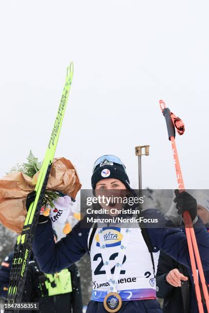 Race winner Justine Braisaz-Bouchet of France celebrates during the Women's Sprint at the BMW IBU World Cup Biathlon Lenzerheide on December 14, 2023...