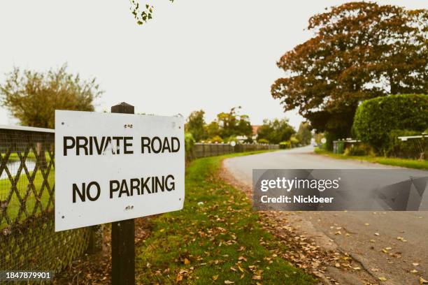 Shallow focus of a Private Road and No Parking sign seen at the entrance to private housing.