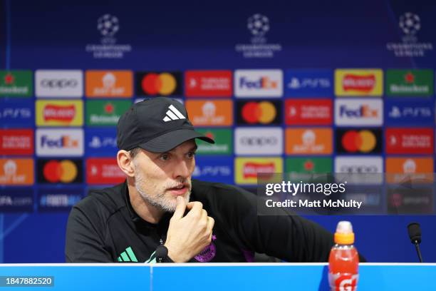 Thomas Tuchel, Head Coach of Bayern Munich, speaks to the media during a press conference at Old Trafford on December 11, 2023 in Manchester, England.