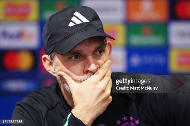 Thomas Tuchel, Head Coach of Bayern Munich, speaks to the media during a press conference at Old Trafford on December 11, 2023 in Manchester, England.