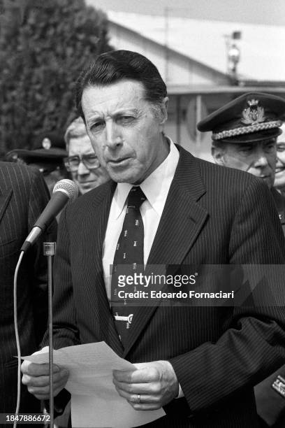 Secretary of Defence Caspar Weinberger during NATO press conference on international security and stability, Rome, May 05, 1981.