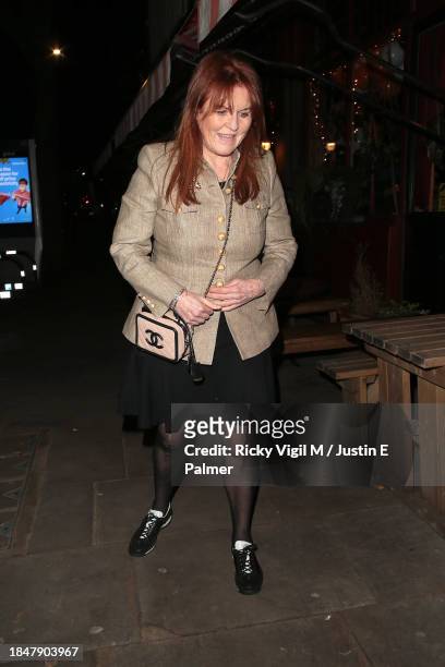 Sarah, Duchess of York seen attending Children with Cancer Christmas Quiz at The Kings Arms on December 11, 2023 in London, England.