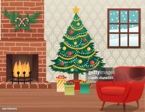 room with a decorated christmas tree and fireplace - living room wallpaper stock illustrations