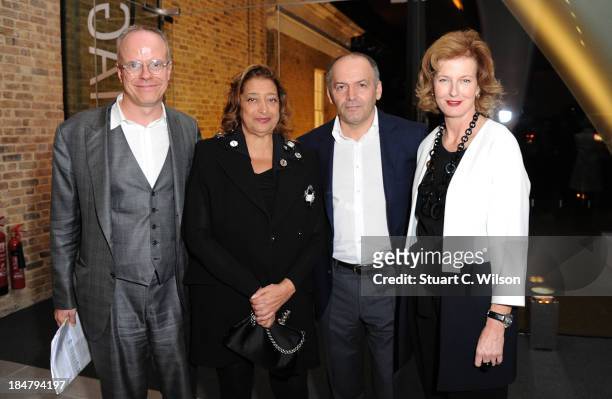 Hans Ulrich Obrist, Zaha Hadid, Victor Pinchuk and Julie Peyton-Jones attend the Future Generation Art Prize launch party at the new Serpentine...