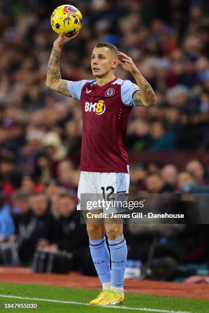 Lucas Digne of Aston Villa during the Premier League match between Aston Villa and Arsenal FC at Villa Park on December 09, 2023 in Birmingham,...