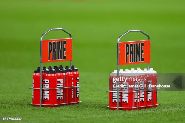 Arsenal water bottles, sponsored by Prime Energy Drink, are seen during the Premier League match between Aston Villa and Arsenal FC at Villa Park on...