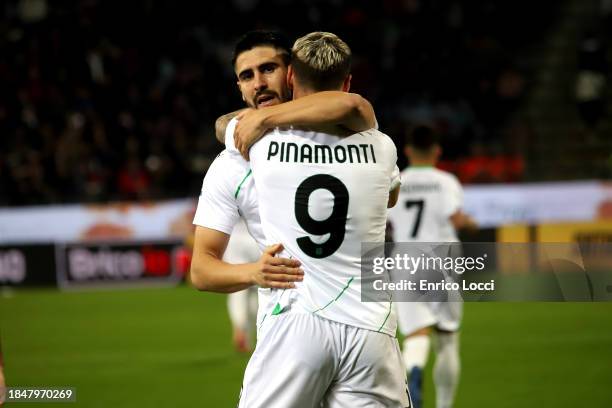 Martin Erlic of Sassuolo celebrates his goal 0-1 with team mates during the Serie A TIM match between Cagliari Calcio and US Sassuolo at Sardegna...