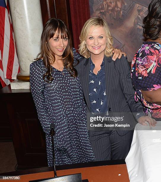 Rashida Jones and Amy Poehler attend the NBC "Parks And Recreation" 100th Episode Celebration at CBS Studios - Radford on October 16, 2013 in Studio...