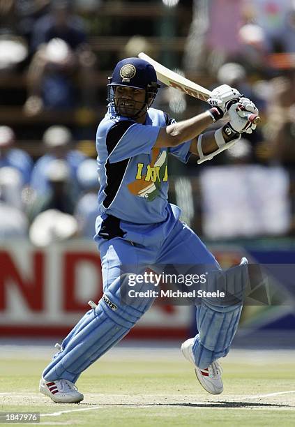 Sachin Tendulkar of India hits out during the ICC Cricket World Cup 2003 Super Sixes match between Sri Lanka and India held on March 10, 2003 at The...