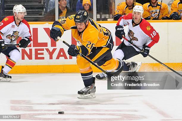 Matt Hendricks of the Nashville Predators plays against the Florida Panthers at Bridgestone Arena on October 15, 2013 in Nashville, Tennessee.