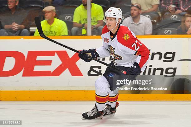 Nick Bjugstad of the Florida Panthers plays against the Nashville Predators at Bridgestone Arena on October 15, 2013 in Nashville, Tennessee.