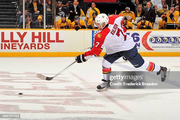 Dmitry Kulikov of the Florida Panthers plays against the Nashville Predators at Bridgestone Arena on October 15, 2013 in Nashville, Tennessee.