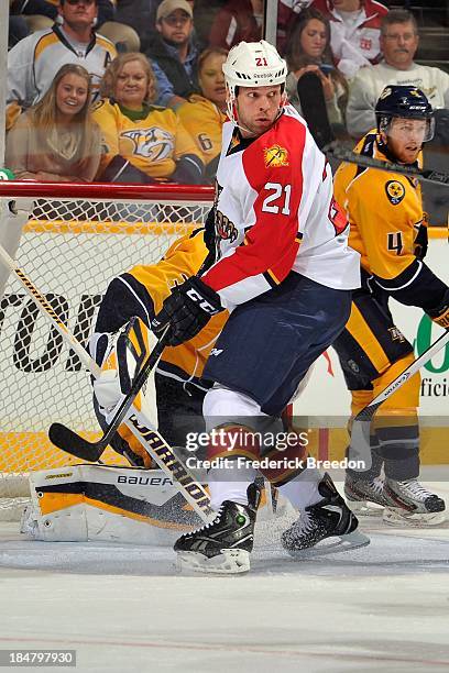 Krys Barch of the Florida Panthers plays against the Nashville Predators at Bridgestone Arena on October 15, 2013 in Nashville, Tennessee.