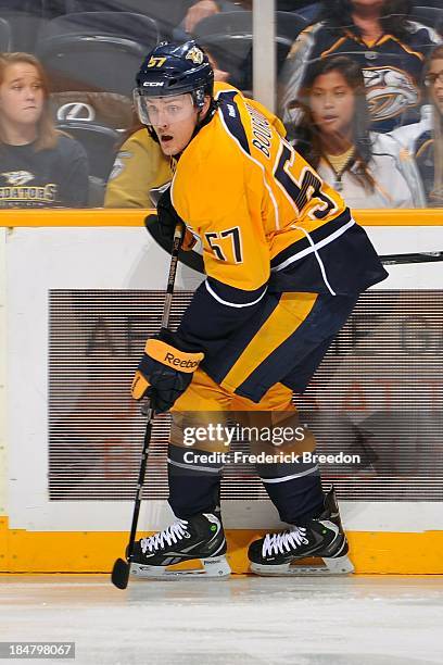 Gabriel Bourque of the Nashville Predators plays against the Florida Panthers at Bridgestone Arena on October 15, 2013 in Nashville, Tennessee.