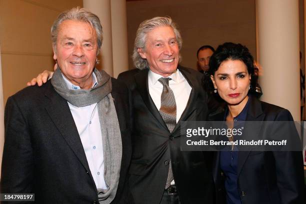 Actor Alain Delon, Jean-Paul Moureau and Rachida Dati attend the Jean-Paul Moureau book signing for 'Soigner Autrement' at Hotel Park Hyatt Paris...