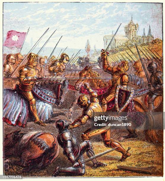 stockillustraties, clipart, cartoons en iconen met knights fighting at battle of tewkesbury battle during wars of the roses in england, history medieval warfare, 15th century - cavalerie