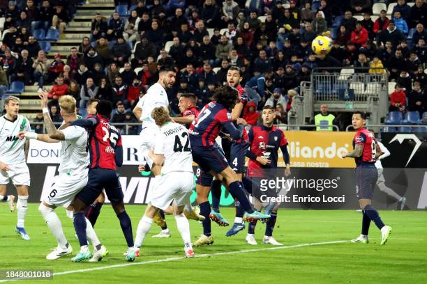 Martin Erlic of Sassuolo scores his goal 0-1 during the Serie A TIM match between Cagliari Calcio and US Sassuolo at Sardegna Arena on December 11,...