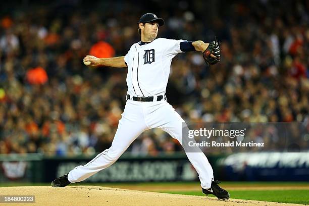 Doug Fister of the Detroit Tigers throws the first pitch against the Boston Red Sox in the first inning of Game Four of the American League...