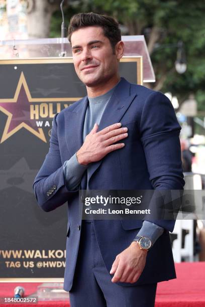 Zac Efron attends his Hollywood Walk of Fame Star Ceremony on December 11, 2023 in Hollywood, California.