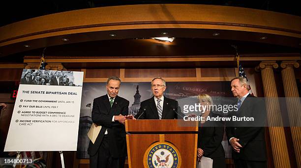 Sen. Chuck Schumer , Senate Majority Leader Sen. Harry Reid , Sen. Patty Murray and Sen. Dick Durbin speak at a press conference after successfully...