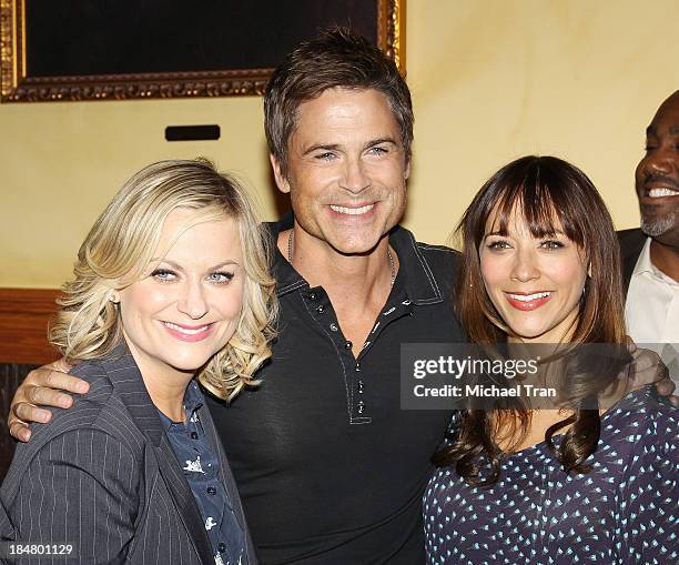 Amy Poehler, Rob Lowe and Rashida Jones attend the "Parks And Recreation" 100th episode celebration held at CBS Studios - Radford on October 16, 2013...